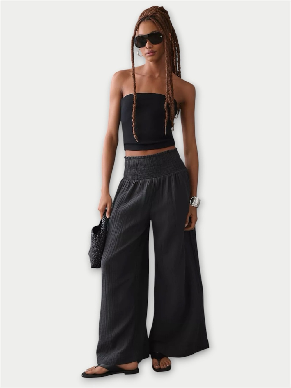 Anthropologie Black Cotton Gauze Wide Leg Pants XS Smocked Waist Pockets